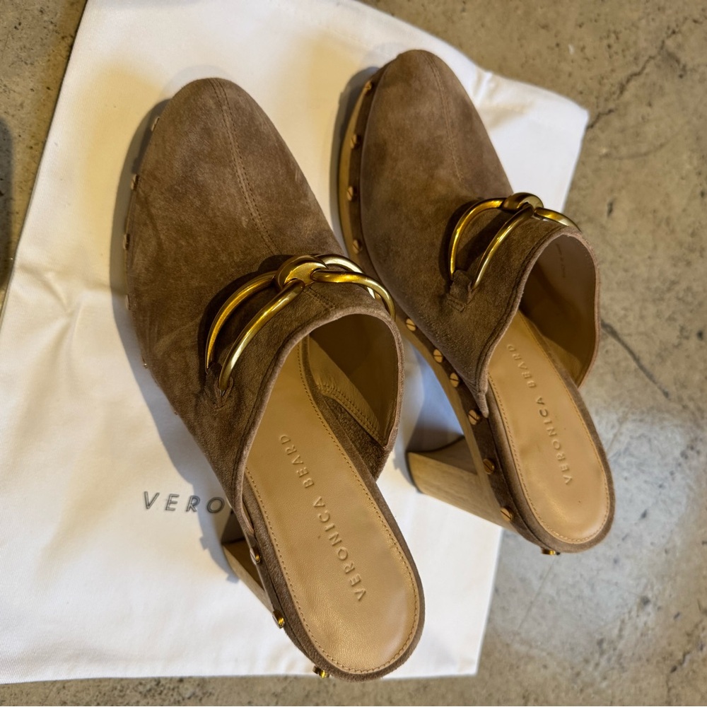 EUC Veronica Beard Giles suede studded platform clogs, color: latte, size 8 - Picture 8 of 12